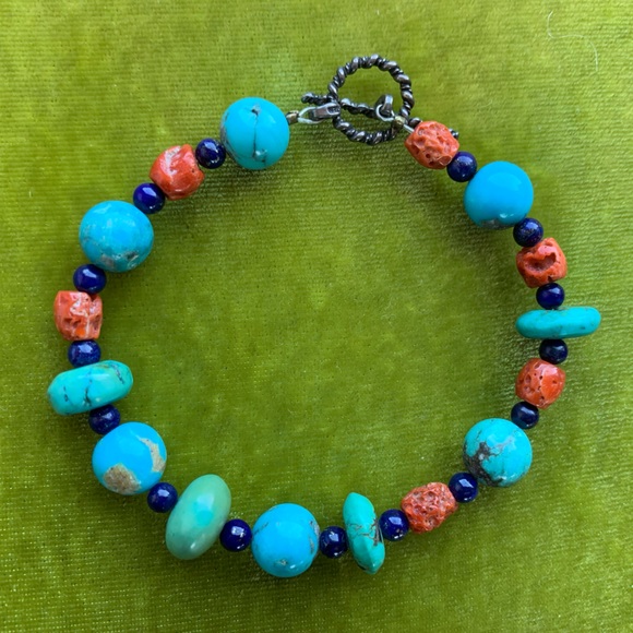 Vintage Turquoise Lapis Lazuli Red Coral Sterling Silver Bracelet - Picture 1 of 2